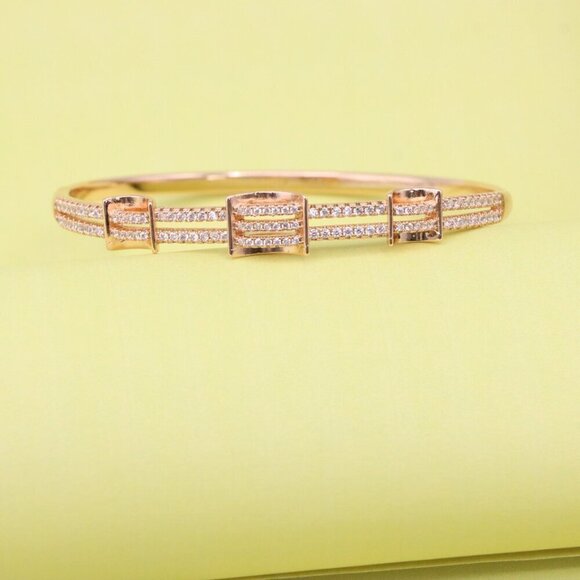 Rose Gold Plated Bangle with Double Row Cubic Zirconia Detailing, XPBL0419 - Picture 6 of 12